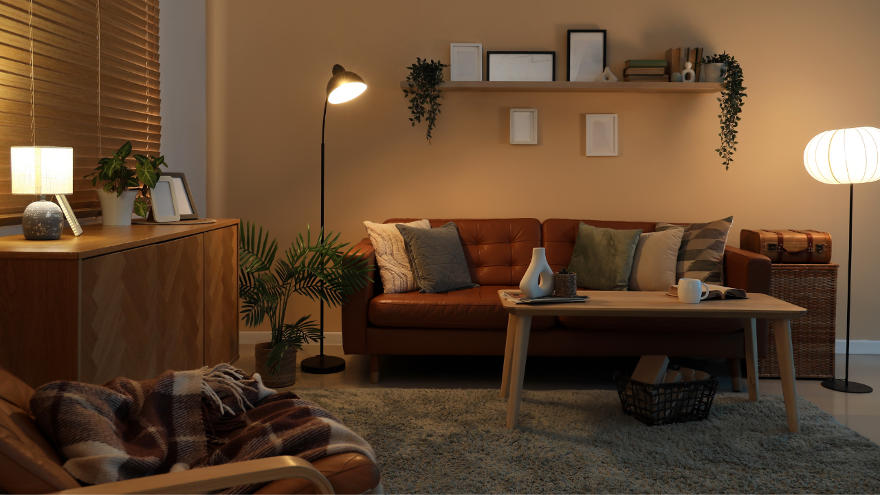 Interior Of Dark Living Room With Glowing Lamps, Sofa And Shelf At Night