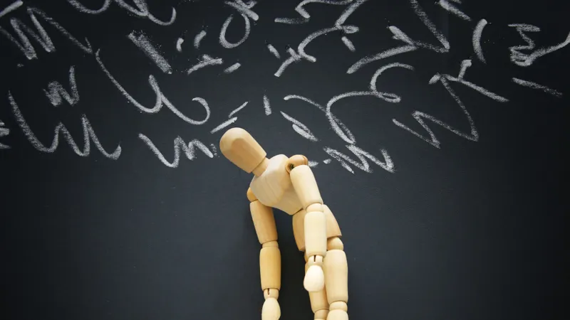 Image Of Wooden Dummy With Worried Stressed Thoughts. Depression, Obsessive Compulsive, Adhd, Anxiety Disorders Concept.